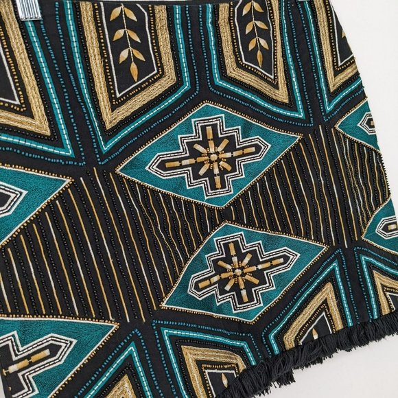 H&M Skirt Southwestern Cotton Twill 6 Fun Colorful Beaded Fringe Hem Aztec Boho - Picture 6 of 13